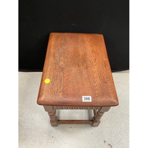 396 - DARK OAK STRETCHERED PRIORY LAMP TABLE WITH SINGLE DRAWER H17