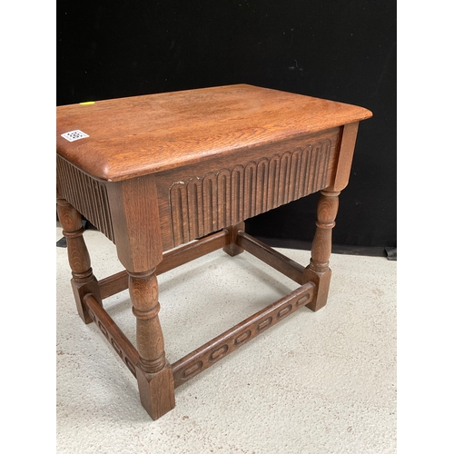 396 - DARK OAK STRETCHERED PRIORY LAMP TABLE WITH SINGLE DRAWER H17