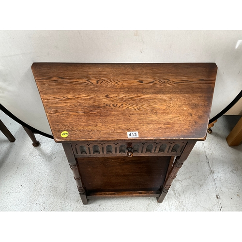 413 - OAK PRIORY HALL TABLE ON TURNED LEGS WITH SINGLE DRAWER AND UNDERTIER SHELF H30