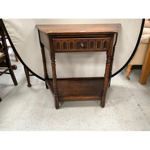 413 - OAK PRIORY HALL TABLE ON TURNED LEGS WITH SINGLE DRAWER AND UNDERTIER SHELF H30