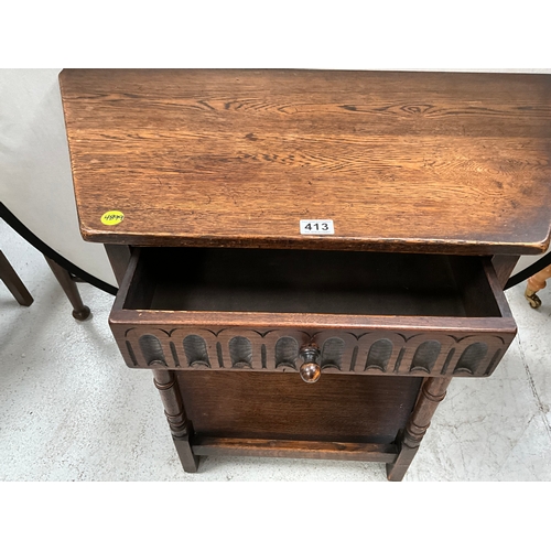 413 - OAK PRIORY HALL TABLE ON TURNED LEGS WITH SINGLE DRAWER AND UNDERTIER SHELF H30