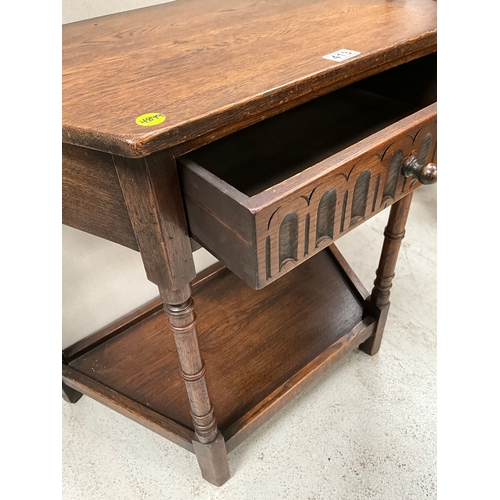 413 - OAK PRIORY HALL TABLE ON TURNED LEGS WITH SINGLE DRAWER AND UNDERTIER SHELF H30