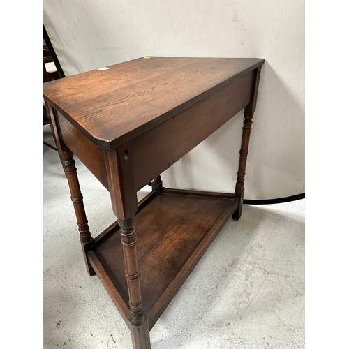 413 - OAK PRIORY HALL TABLE ON TURNED LEGS WITH SINGLE DRAWER AND UNDERTIER SHELF H30