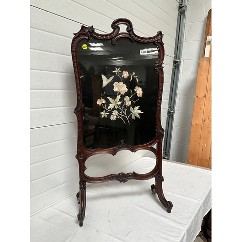 428 - VICTORIAN MAHOGANY FRAMED FREESTANDING TAPESTRY SCREEN DECORATED WITH BUTTERFLIES AND FOILAGE H43