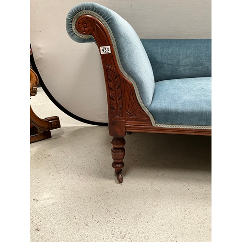 433 - EDWARDIAN BLUE UPHOLSTERED MAHOGANY FRAMED CHAISE LOUNGE L66