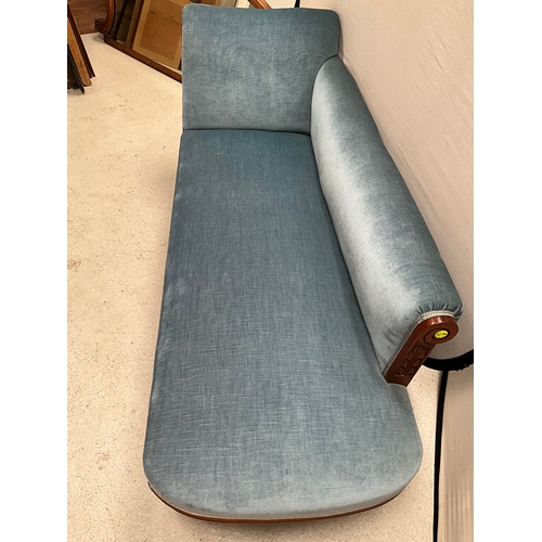 433 - EDWARDIAN BLUE UPHOLSTERED MAHOGANY FRAMED CHAISE LOUNGE L66