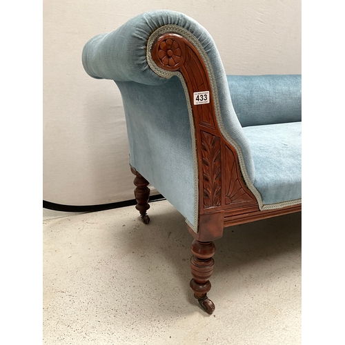 433 - EDWARDIAN BLUE UPHOLSTERED MAHOGANY FRAMED CHAISE LOUNGE L66