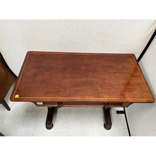 437 - EDWARDIAN MAHOGANY INLAID STRETCHERED LIBRARY TABLE WITH SINGLE DRAWER H28