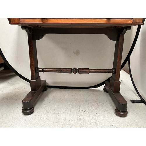 437 - EDWARDIAN MAHOGANY INLAID STRETCHERED LIBRARY TABLE WITH SINGLE DRAWER H28