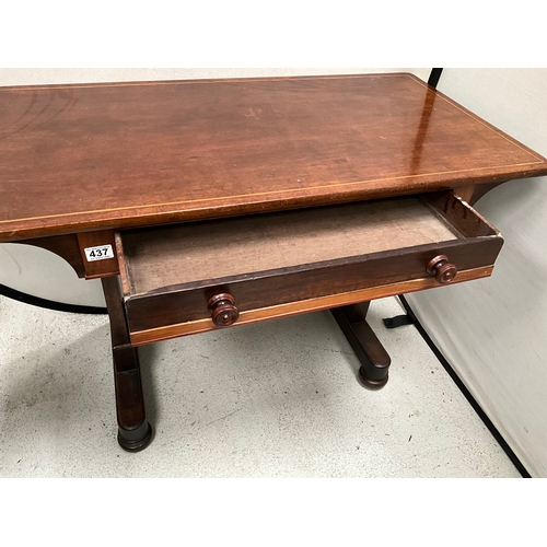 437 - EDWARDIAN MAHOGANY INLAID STRETCHERED LIBRARY TABLE WITH SINGLE DRAWER H28