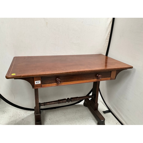 437 - EDWARDIAN MAHOGANY INLAID STRETCHERED LIBRARY TABLE WITH SINGLE DRAWER H28