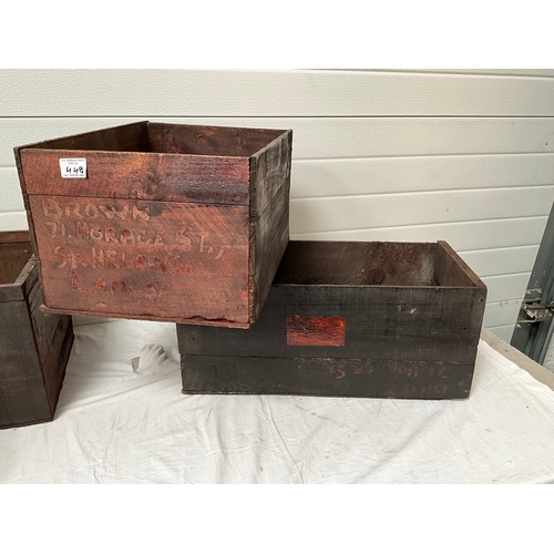 448 - VICTORIAN BAMBOO TABLE, MAHOGANY TABLE CORNER CABINET AND 3 VINTAGE ADVERTISING CRATES - A/F