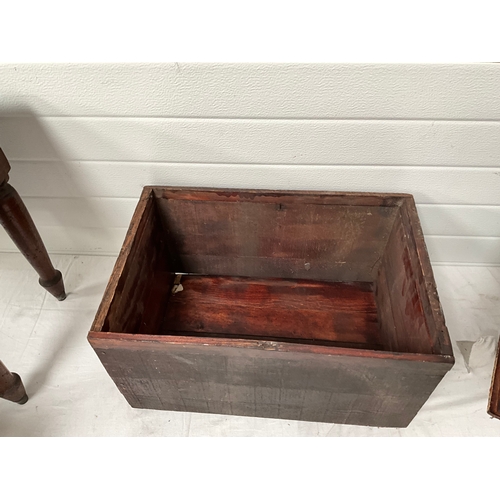 448 - VICTORIAN BAMBOO TABLE, MAHOGANY TABLE CORNER CABINET AND 3 VINTAGE ADVERTISING CRATES - A/F