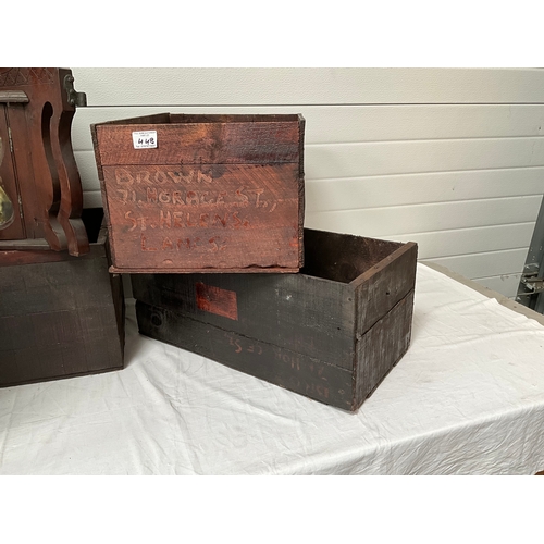 448 - VICTORIAN BAMBOO TABLE, MAHOGANY TABLE CORNER CABINET AND 3 VINTAGE ADVERTISING CRATES - A/F