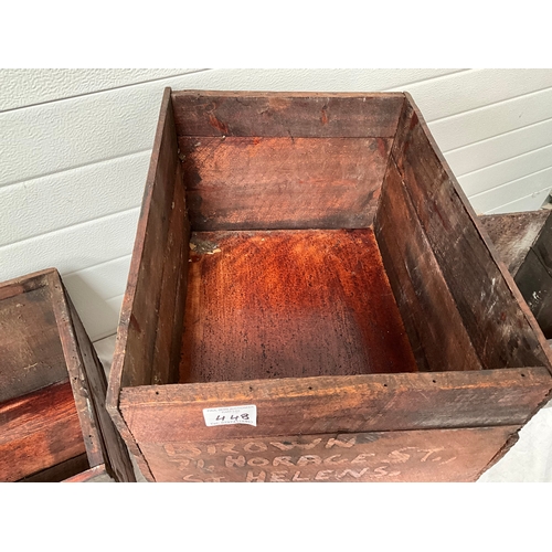 448 - VICTORIAN BAMBOO TABLE, MAHOGANY TABLE CORNER CABINET AND 3 VINTAGE ADVERTISING CRATES - A/F