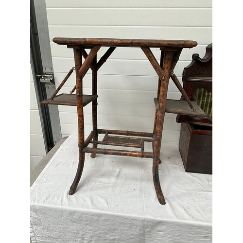 448 - VICTORIAN BAMBOO TABLE, MAHOGANY TABLE CORNER CABINET AND 3 VINTAGE ADVERTISING CRATES - A/F