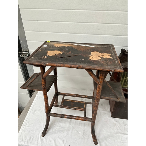 448 - VICTORIAN BAMBOO TABLE, MAHOGANY TABLE CORNER CABINET AND 3 VINTAGE ADVERTISING CRATES - A/F