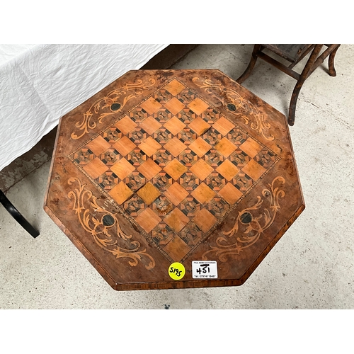 451 - VICTORIAN WALNUT INLAID MARQUETRY TOP GAMES TABLE H29