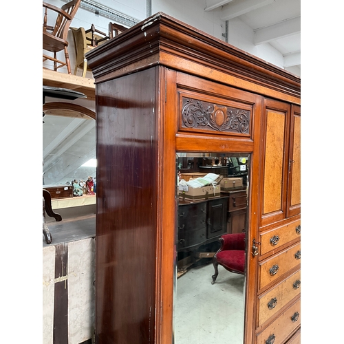 454 - EDWARDIAN MAHOGANY COMPACTUM WARDROBE WITH 2 DOORS OVER 5 DRAWERS FLANKED BY MIRROR DOOR ALL HANGING... 