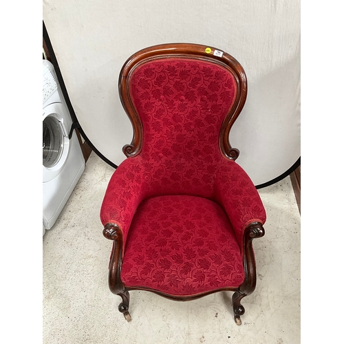 455 - VICTORIAN MAHOGANY FRAMED UPHOLSTERED BEDROOM CHAIR ON ORIGINAL CHINA CASTORS - LEGS A/F H41