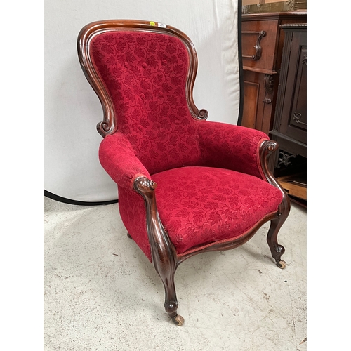 455 - VICTORIAN MAHOGANY FRAMED UPHOLSTERED BEDROOM CHAIR ON ORIGINAL CHINA CASTORS - LEGS A/F H41