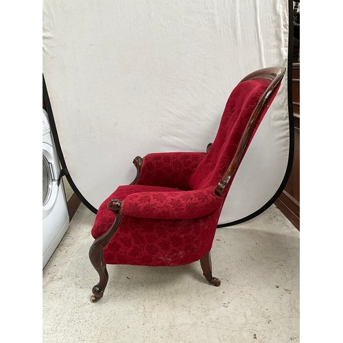 455 - VICTORIAN MAHOGANY FRAMED UPHOLSTERED BEDROOM CHAIR ON ORIGINAL CHINA CASTORS - LEGS A/F H41