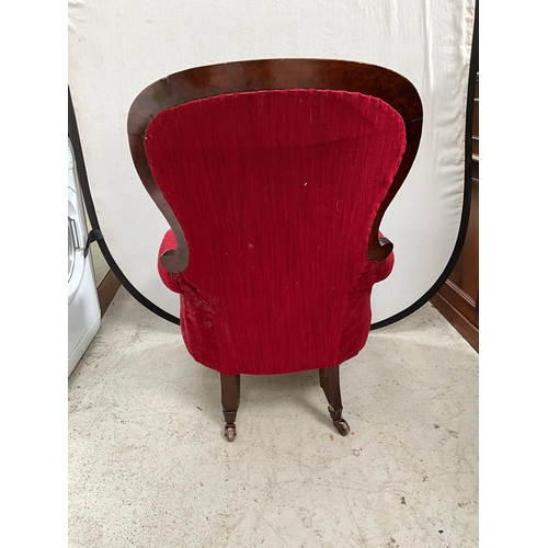 455 - VICTORIAN MAHOGANY FRAMED UPHOLSTERED BEDROOM CHAIR ON ORIGINAL CHINA CASTORS - LEGS A/F H41