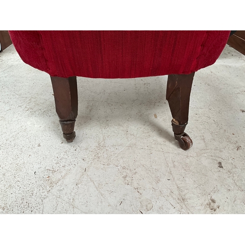 455 - VICTORIAN MAHOGANY FRAMED UPHOLSTERED BEDROOM CHAIR ON ORIGINAL CHINA CASTORS - LEGS A/F H41