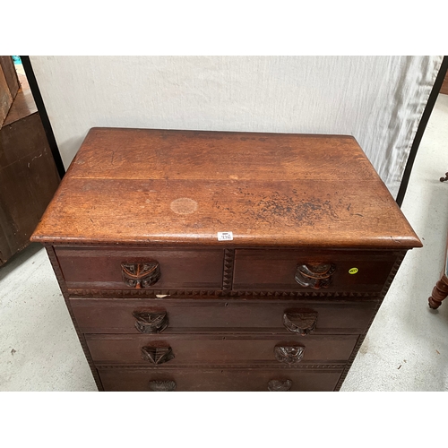 462 - EARLY OAK 2 OVER 3 CHEST OF DRAWERS WITH CARVED FACE DECORATIVE HANDLES H36