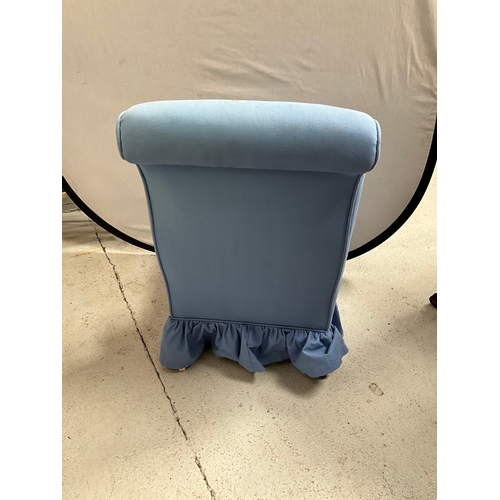 466 - VICTORIAN UPHOLSTERED BLUE NURSING CHAIR ON ORIGINAL CHINA CASTORS H30