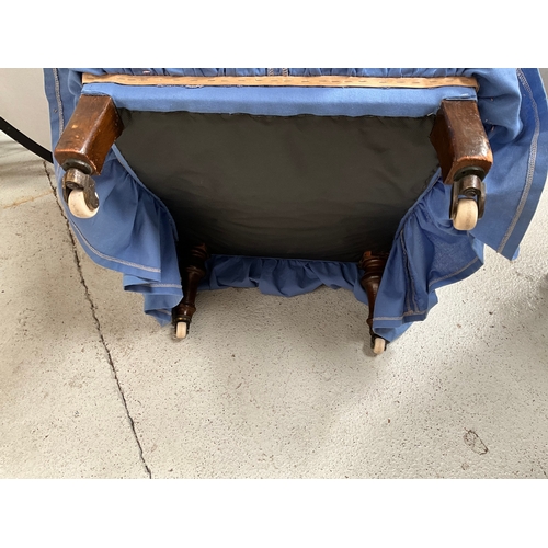 466 - VICTORIAN UPHOLSTERED BLUE NURSING CHAIR ON ORIGINAL CHINA CASTORS H30