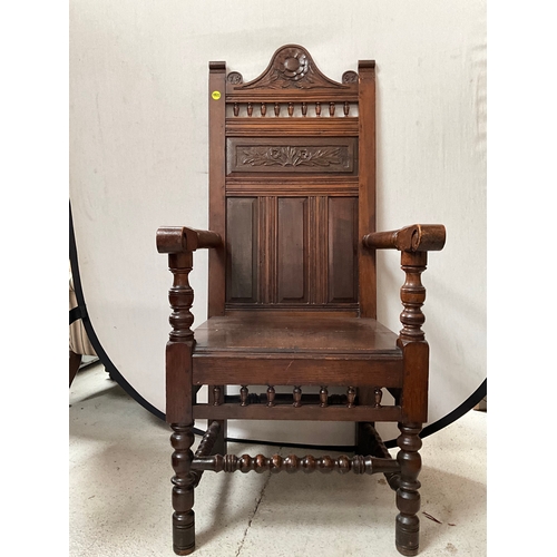 473 - EARLY OAK CHAIR WAINSCOAT STYLE CHAIR  DATED 1891 H51