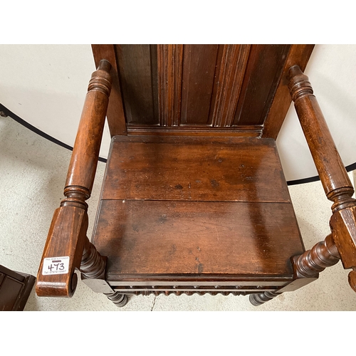 473 - EARLY OAK CHAIR WAINSCOAT STYLE CHAIR  DATED 1891 H51