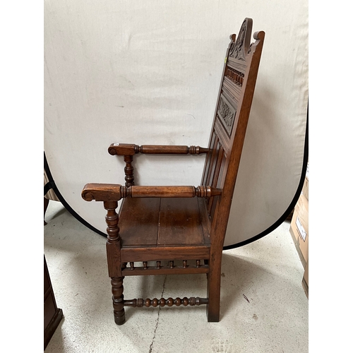 473 - EARLY OAK CHAIR WAINSCOAT STYLE CHAIR  DATED 1891 H51