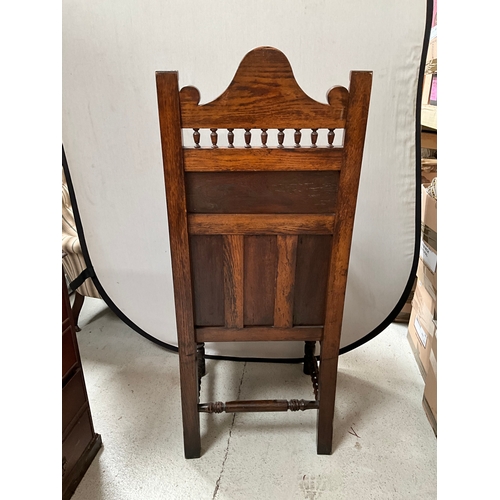 473 - EARLY OAK CHAIR WAINSCOAT STYLE CHAIR  DATED 1891 H51