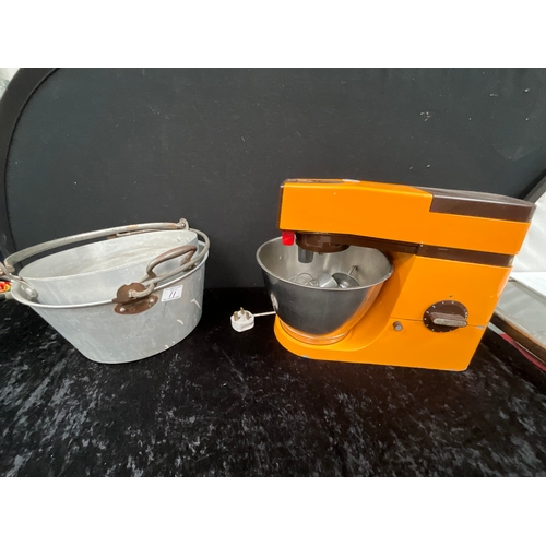 11 - *******lot withdrawn by vendor******VINTAGE ORANGE KENWOOD CHEF FOOD MIXER AND 2 JAM PANS