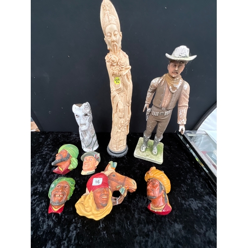 16 - *******lot withdrawn by vendor******BOX OF BOSSONS HEADS, COWBOY FIGURE, ORIENTAL RESIN FIGURE A/F G... 