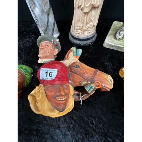 16 - *******lot withdrawn by vendor******BOX OF BOSSONS HEADS, COWBOY FIGURE, ORIENTAL RESIN FIGURE A/F G... 