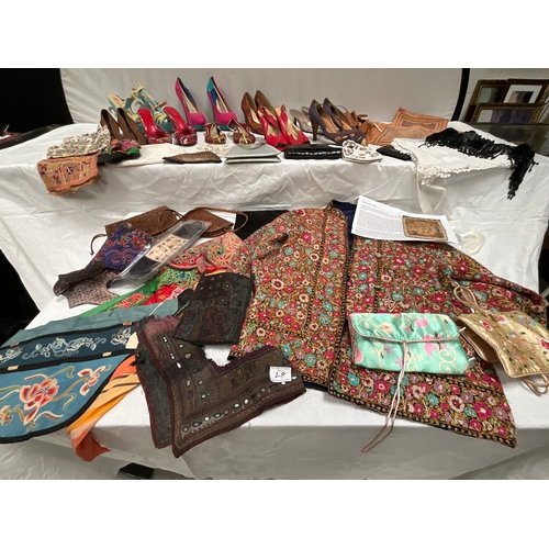 28 - *******lot withdrawn by vendor******CRATE OF VINTAGE SHOES, HANDBAGS ETC AND BOX OF EMBROIDERED AND ... 