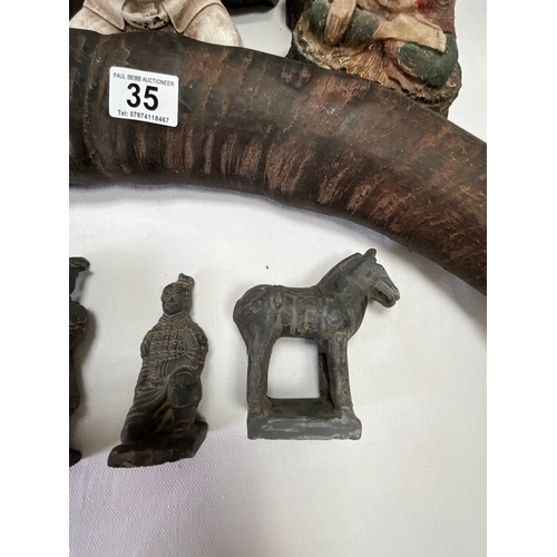 35 - *******lot withdrawn by vendor******BOX OF ORIENTAL ITEMS TO INCLUDE PAIR OF HORNS ETC (ITEM 85) HOR... 