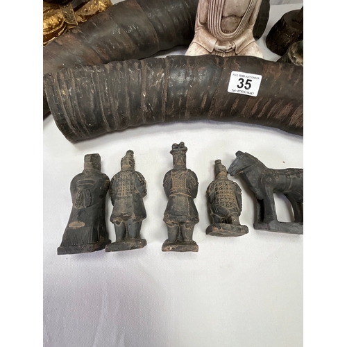 35 - *******lot withdrawn by vendor******BOX OF ORIENTAL ITEMS TO INCLUDE PAIR OF HORNS ETC (ITEM 85) HOR... 