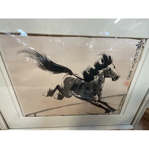 56 - *******lot withdrawn by vendor******PAIR OF ORIENTAL FRAMED MATERIAL PRINTED HORSE PICTURES AND 1 UN... 