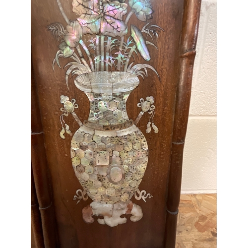 58 - *******lot withdrawn by vendor******2 ORIENTAL MOTHER OF PEARL INLAID MAHOGANY PANELS DEPICTING VASE... 