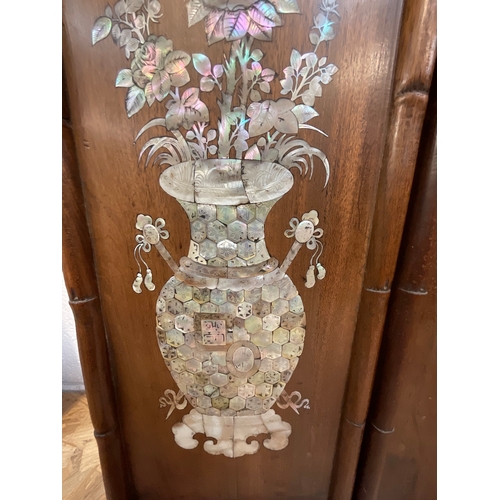 58 - *******lot withdrawn by vendor******2 ORIENTAL MOTHER OF PEARL INLAID MAHOGANY PANELS DEPICTING VASE... 