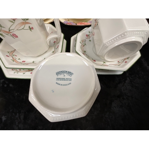 61 - 2 BOXES OF CHINA TO INCLUDE JOHNSONS BROS DINNER SERVICE, HAND PAINTED TEA SET