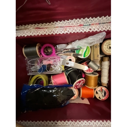 62 - 3 BOXES OF KITCHENWARE SEWING BOX ETC