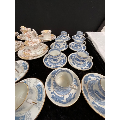 111 - BOX OF CHINA TO INCLUDE VICTORIAN TEA SET AND QTY BOOTHS BLUE DRAGON COFFEE CANS & SAUCERS