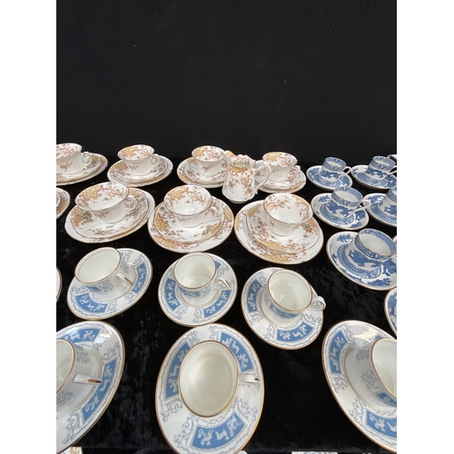 111 - BOX OF CHINA TO INCLUDE VICTORIAN TEA SET AND QTY BOOTHS BLUE DRAGON COFFEE CANS & SAUCERS