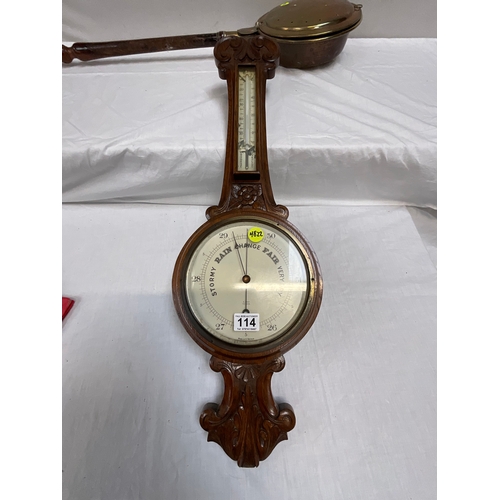 114 - CARVED OAK WALL BAROMETER AND GEORGIAN BRASS WARMING PAN - BOTH A/F