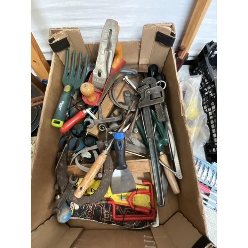 151 - BOX AND CRATE OF TOOLS 3 SASH CLAMPS AND QTY OF GOLF CLUBS